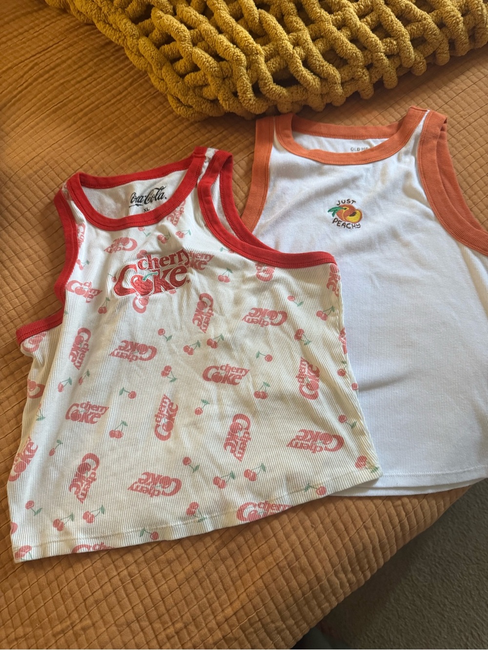 Old Navy White Tank Tops with Red and Orange Trim and Fruit Graphics